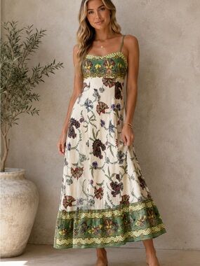 Caroline Constas Cream Maxi Dress with Green Floral Trim